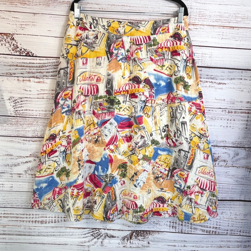 Vintage 100% Linen Midi Skirt 12 Multi Novelty European Print Eclectic Whimsy - Picture 13 of 13